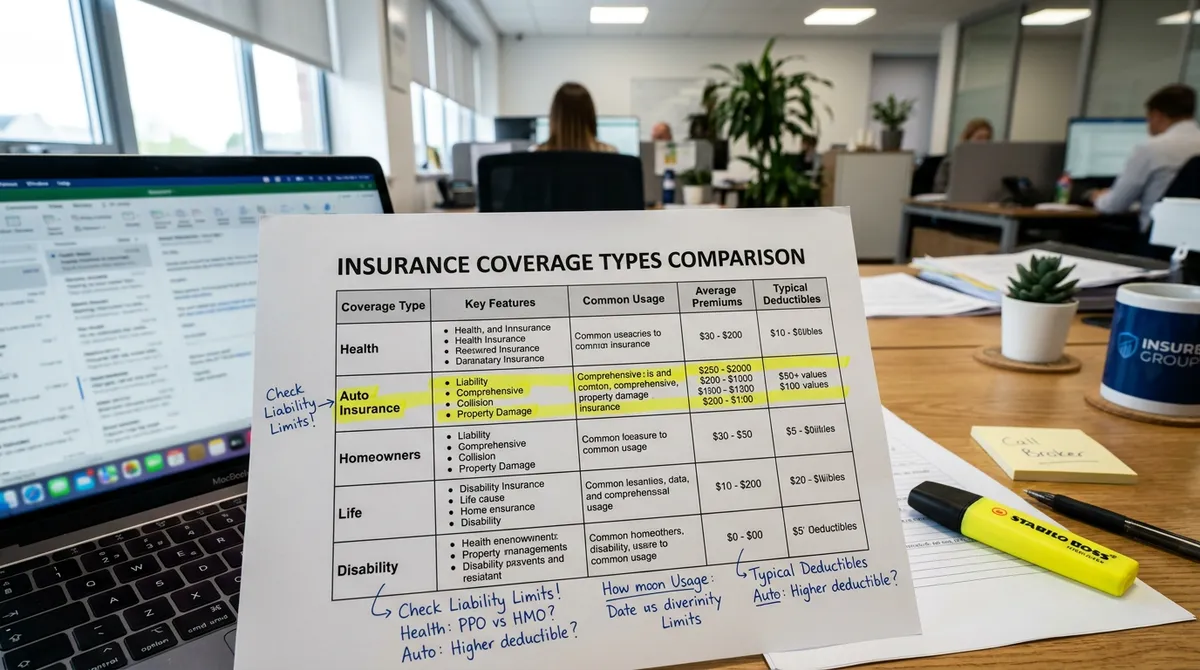 Schemat porównania zakresów ubezpieczenia na biurku analityka