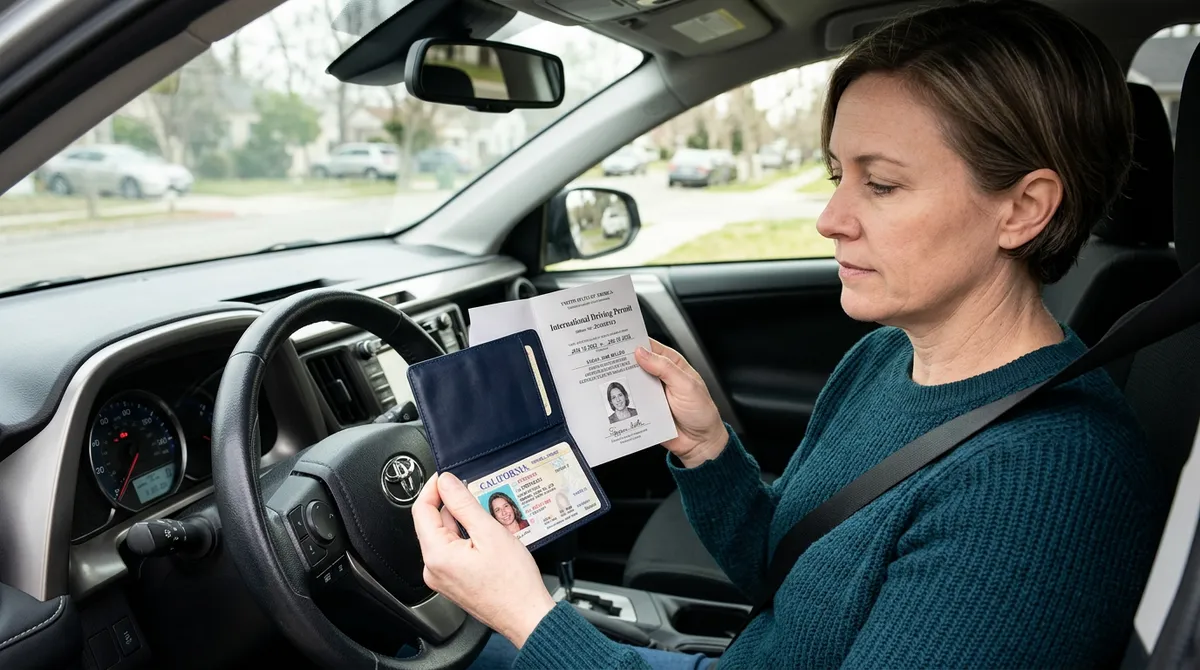 Kierowca z dokumentami międzynarodowymi i teczką polisy